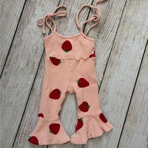 Kids Pink Strawberry Print Flare Jumpsuit